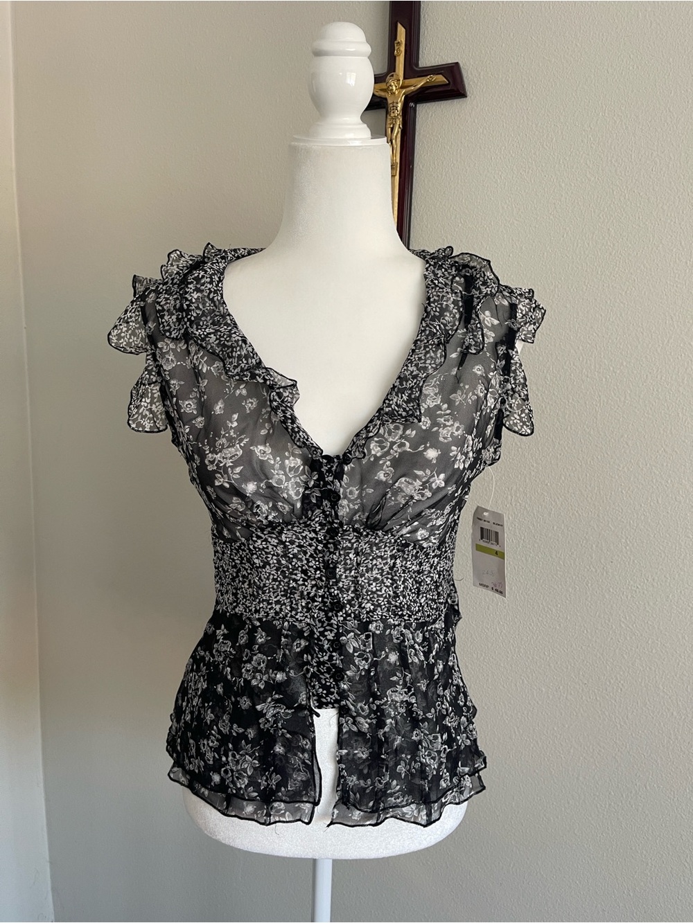ECI Black Silk Floral Ruffle Sheer Button-Front Blouse